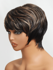 Light Brown Highlights Short Pixie Cut Human Hair Glueless Wig