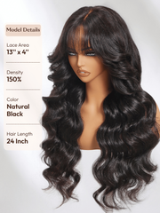 7x5 Bye-Bye Knots? & 13x4 Pre-Everything? Lace Frontal Black Fluffy Natural Loose Wave Curtain Bangs Wig