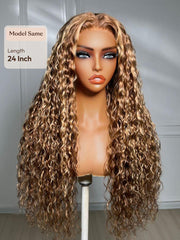 13x4 Lace Front Honey Blonde Highlights Water Wave Pre-Everything Wig With Invisible Knots