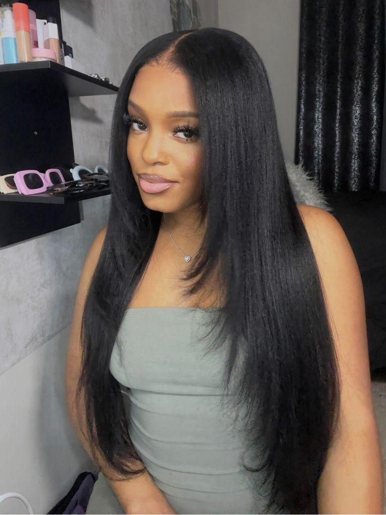 13x4 Pre-Everything? Lace Frontal Black Yaki Straight Layered Wig with Invisi Drawstring