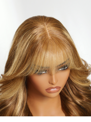 13x4 Pre-Everything? Lace Frontal Honey Blonde Highlights Fluffy Loose Wave Curtain Bangs Wig
