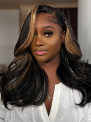 13x4 Lace Front Black Purple Ombre With Blonde Highlights Loose Wave Wig