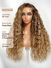 13x4 & 7x5 Bye Bye Slip? Lace Frontal Caramel Brown With Honey Blonde Highlights Water Wave Glueless Drawstring Wig