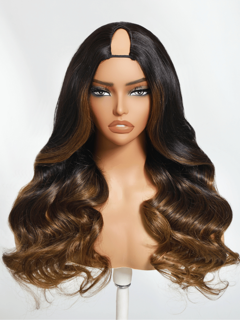 EasiContour? V Part Black to Chestnut Brown Ombre Body Wave Wig With Invisi Drawstring