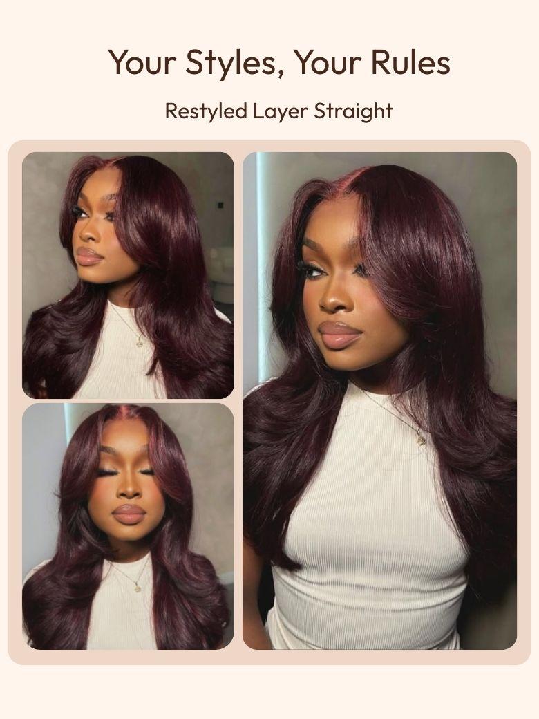 7x5 Bye-Bye Knots? & 13x4 Pre-Everything? Lace Frontal Purple Black Cherry Layered Straight & Loose Wave With Invisi Drawstring Wig