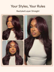 7x5 Bye-Bye Knots? & 13x4 Pre-Everything? Lace Frontal Purple Black Cherry Layered Straight & Loose Wave With Invisi Drawstring Wig