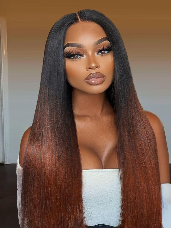 [20''=$99] Petaluxe EasiContour? V Part Black to Reddish Brown Ombre Yaki Straight Wig With Invisi Drawstring