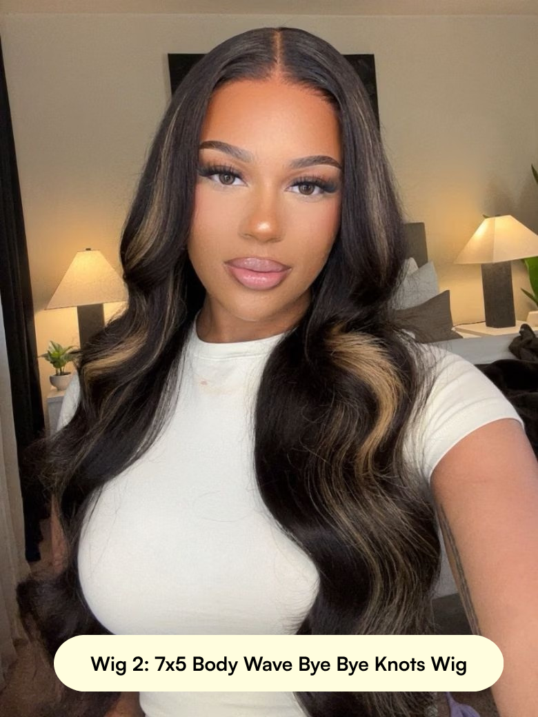 13x4 Pre-Everything Black with Brown Money Piece Natural Fluffy Loose Wave Curtain Bangs Wig & 7x5 Highlight Body Wave Bye Bye Knots Wig