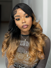 13x4 Lace Front Toasted Caramel Ombre Body Wave Wig With Dark Roots