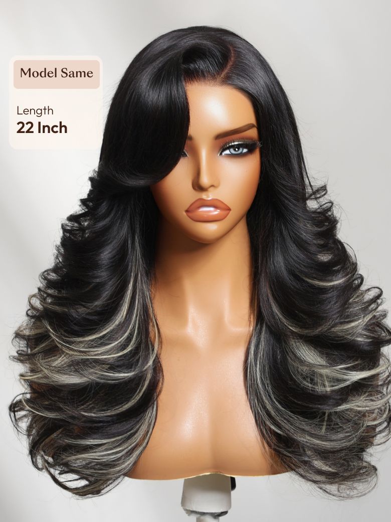 Bye-Bye Slip? 7x5 Lace Black & Ash Highlights on Black Hair Feathered Hairstyles 200% Density Wig with Side Bangs