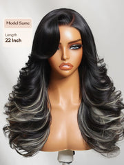 Bye-Bye Slip? 7x5 Lace Black & Ash Highlights on Black Hair Feathered Hairstyles 200% Density Wig with Side Bangs