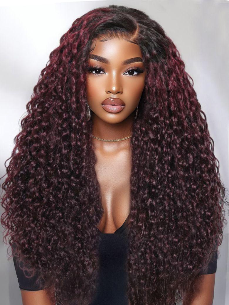 [Trend Hihglight] 13x4 Burgundy Plum With Dark Roots & Blonde Highlight & Glossy Highlight Water Wave Wigs
