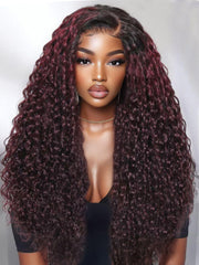 13x4 Pre-Everything Wig Burgundy Plum With Dark Roots Water Wave Wig