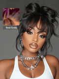 Petaluxe [16"-26"] 7x5 Bye-Bye Knots? Lace 180% Density Fluffy Natural Loose Wave Curtain Bangs Wig