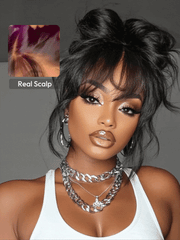 7x5 Bye-Bye Knots? & 13x4 Pre-Everything? Lace Frontal Black Fluffy Natural Loose Wave Curtain Bangs Wig