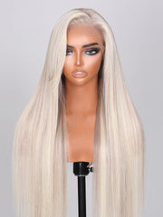 13x4 Lace Front Blonde With Ash Brown Highlights Straight Wig