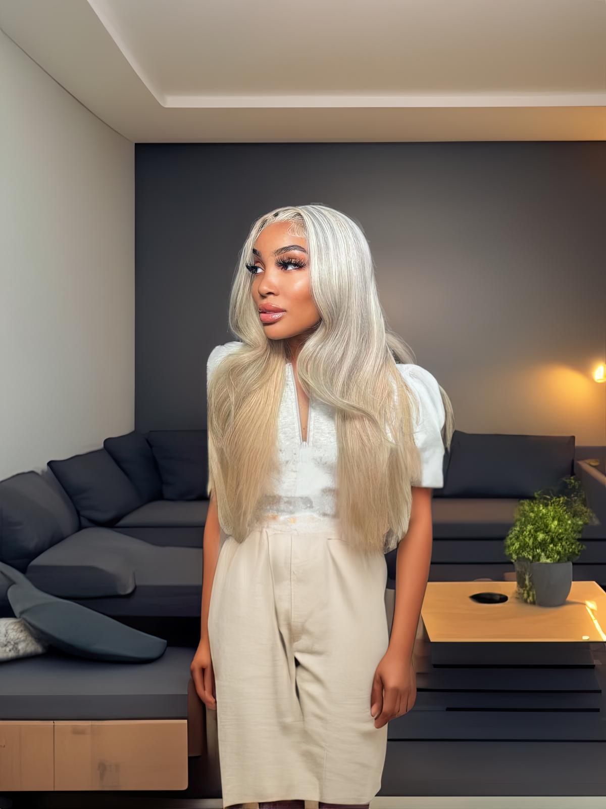 13x4 Lace Front Blonde With Ash Brown Highlights Straight Wig