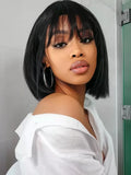 Petaluxe Straight Bob Black Wig 100% Human Hair Glueless Wig with Blunt Bangs