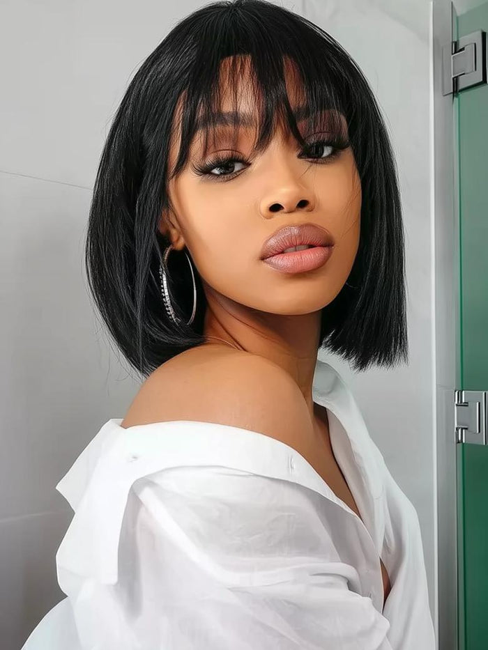 Petaluxe Straight Bob Black Wig 100% Human Hair Glueless Wig with Blunt Bangs