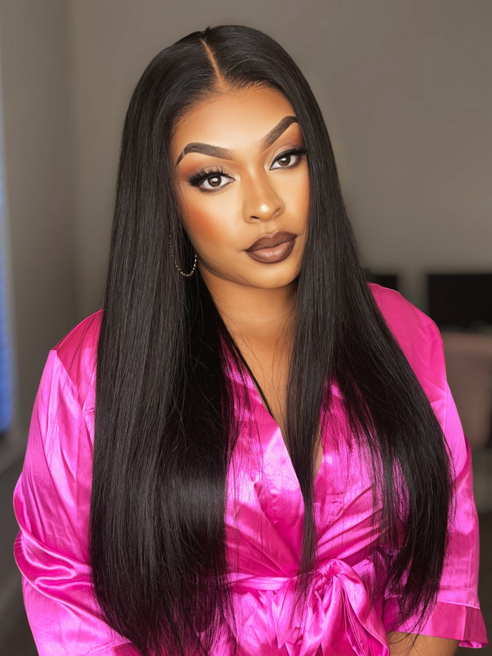 Petaluxe 200% Density 13x4 Transparent Lace Frontal Black Straight 7x5 Bye Bye Knots Pre-Plucked Human Hair Wig
