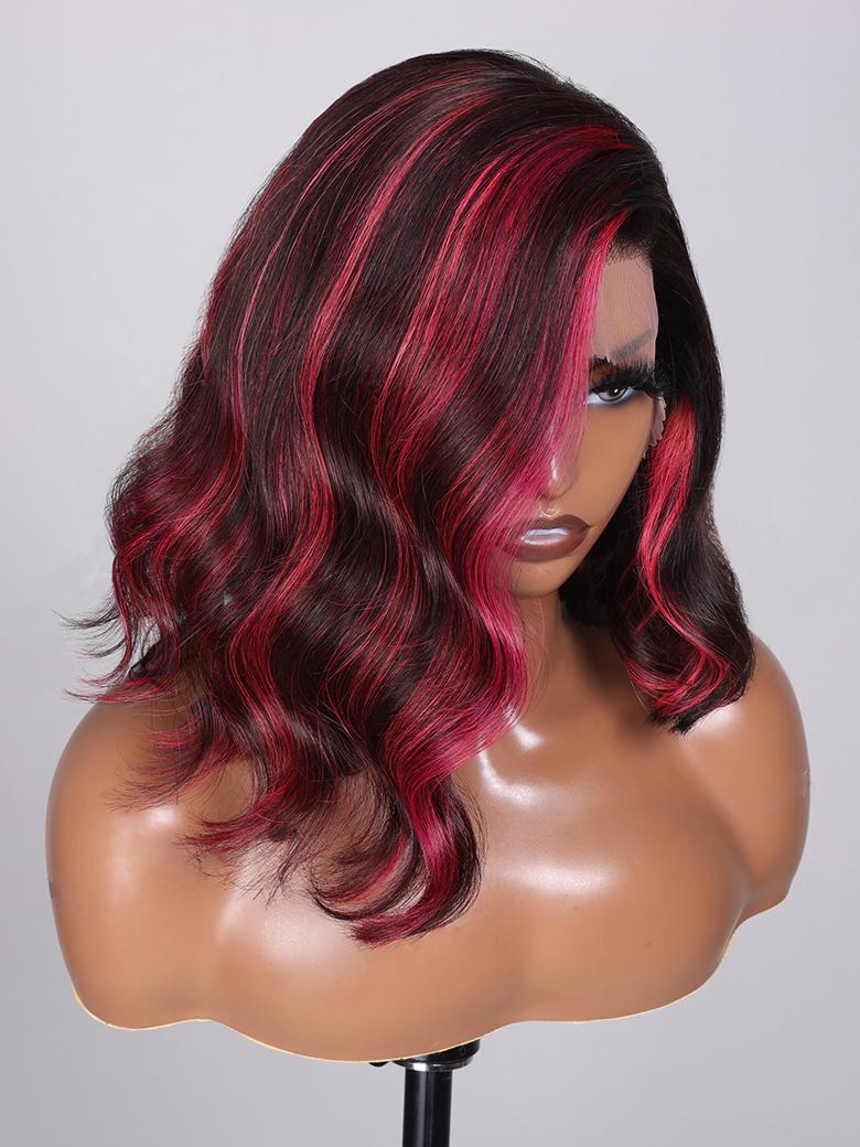 13x4 Lace Front Black With Burgundy Pink Chunky Highlights Long Bob Wig