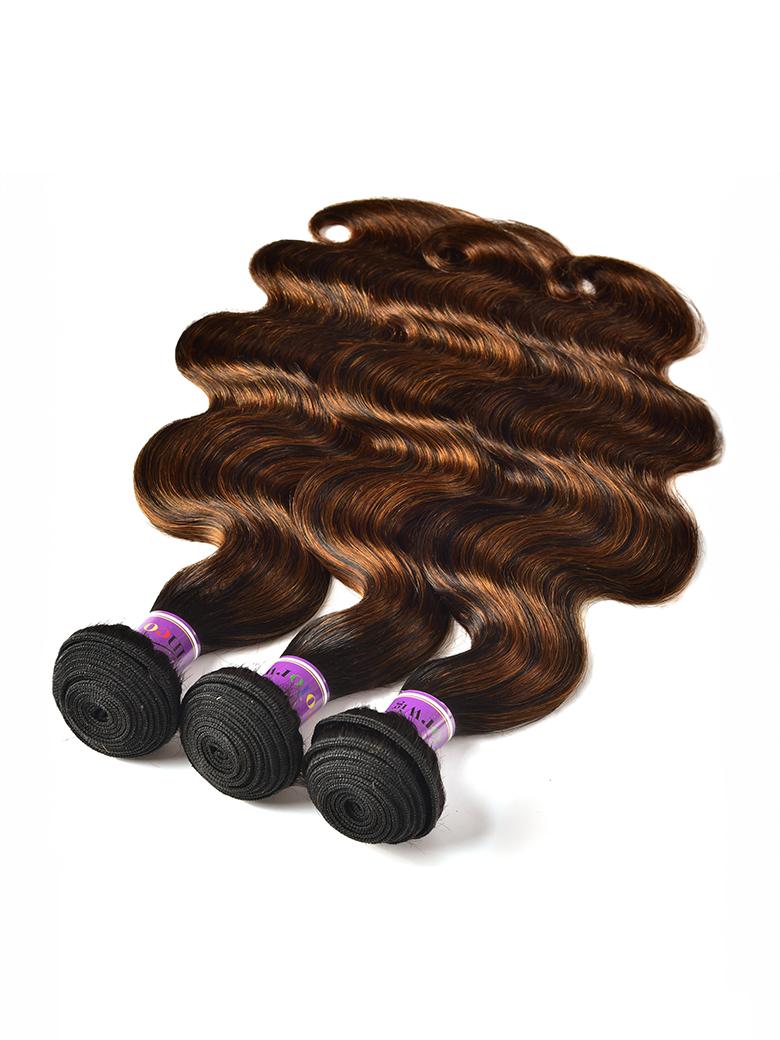 Body Wave Brown Balayage Highlight Hair Weave 3 Bundles With 4x4 Lace Closure Human Hair