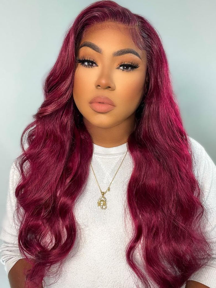 Petaluxe 13x4 Transparent Lace Front Red Wine Body Wave Burgundy Wig 150% density