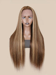Straight Honey Blonde Highlight Lace Wigs Virgin Human Hair Wigs Pre Plucked With Baby Hair