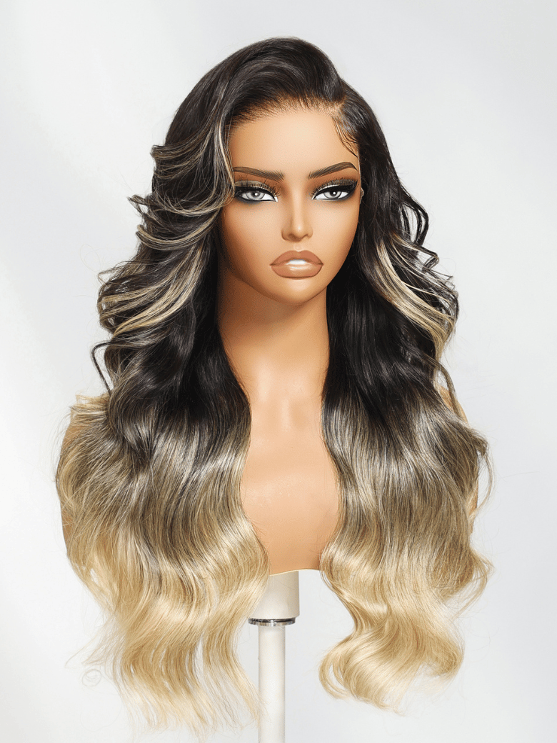 Black to Blonde Ombre Wig With Side Part Face Framing Layers
