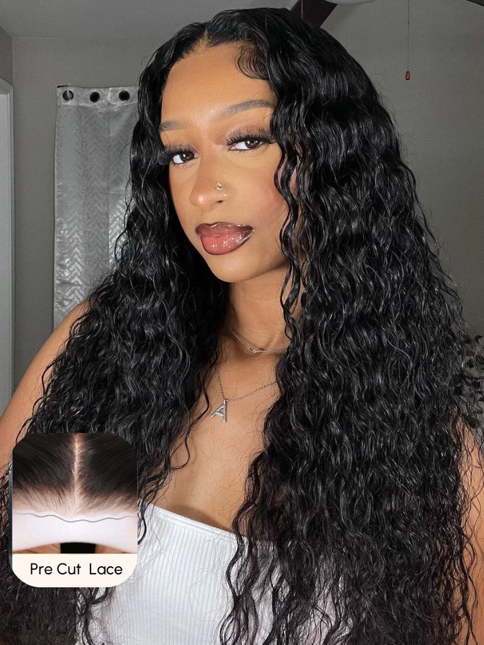 Petaluxe [22"/200% Density=$146] 6x4.5 Pre Cut & Pre Bleached Lace with Baby Hair Put On And Go Black Water Wave