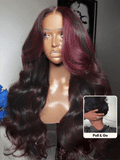 Petaluxe 13x4 Pre-Everything? Lace Frontal Deep Burgundy Highlights Loose Wave Drawstring Wig with Face Framing Layers