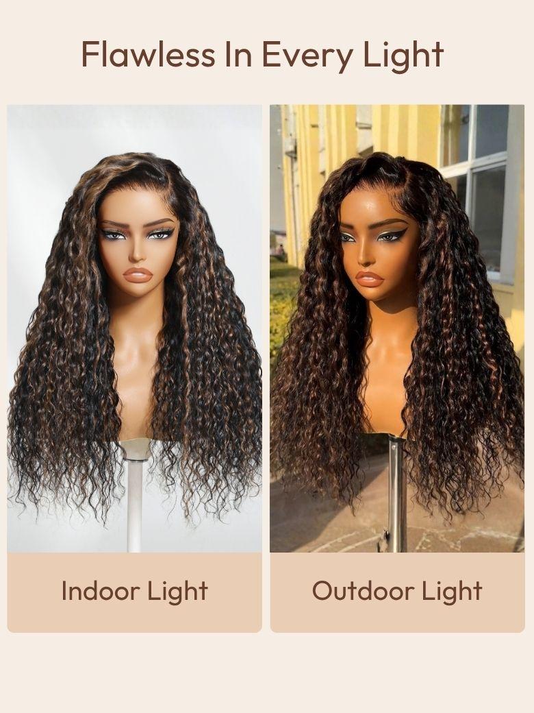 7x5 Bye-Bye Slip Lace Water Wave Black Wig With Golden Brown Highlights 150% Density Perfect Beach