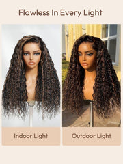 7x5 Bye-Bye Slip Lace Water Wave Black Wig With Golden Brown Highlights 150% Density Perfect Beach