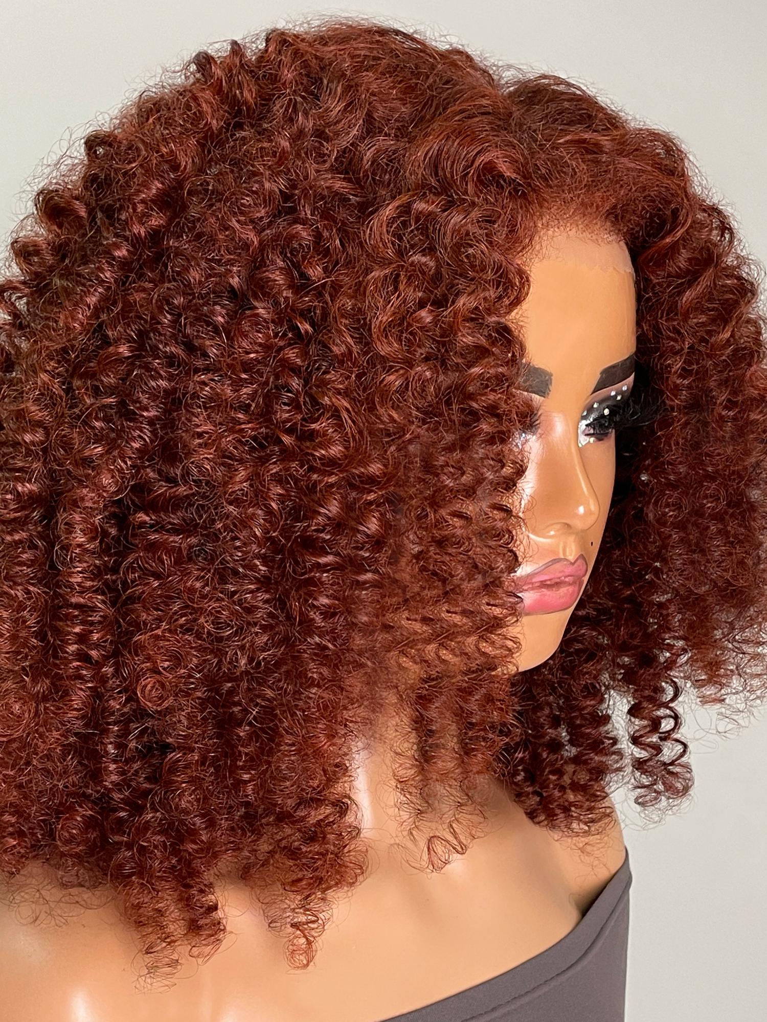 13x4 Lace Front Kinky Afro Puff Reddish Brown 16 Inch Shoulder Length Wig