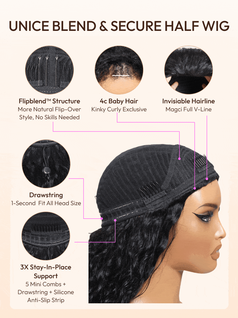 Blend & Secure Half Wig Kinky Curly Glueless Wig for Beginners