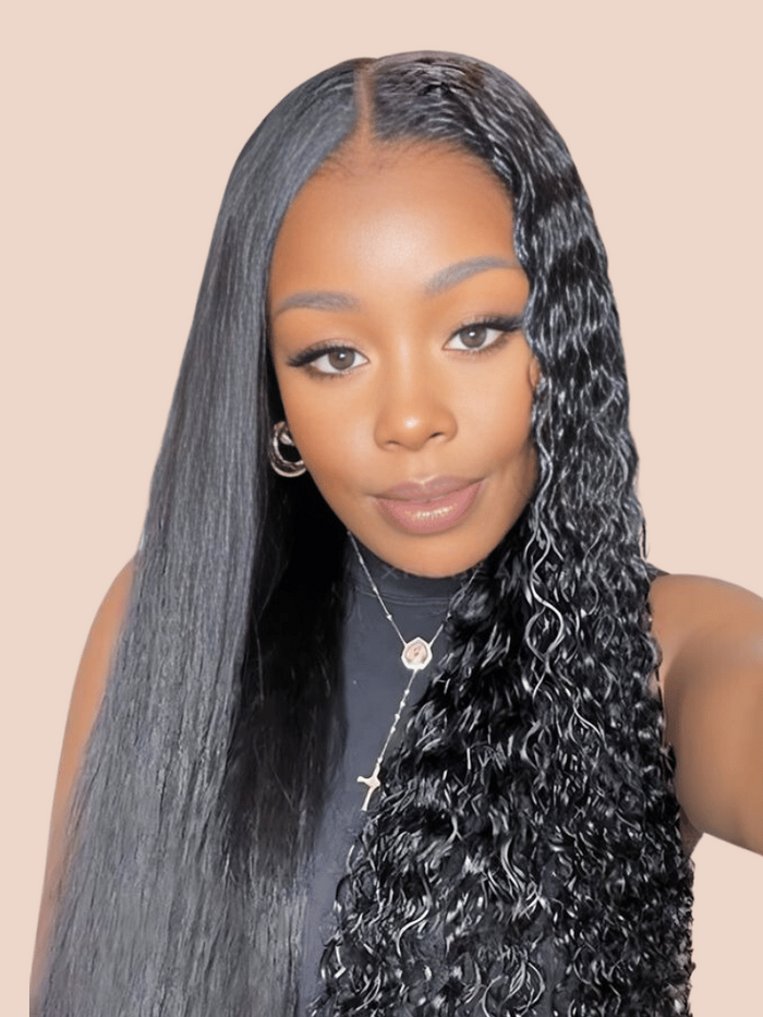 Petaluxe 2 in 1 Dry Straight & Wet Deep Wave Hand-Tied V Part Wigs Wet And Wavy Hair Natural Black Color