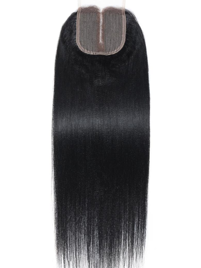 Yaki Hair 4 Bundles with Middle Part T Part Lace Closure Natural Color Virgin Human Hair