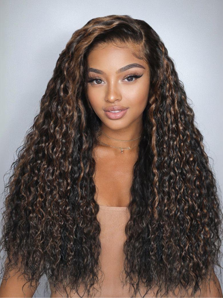 Bye-Bye Knots 7x5 Lace Water Wave Black Wig With Golden Brown Highlights