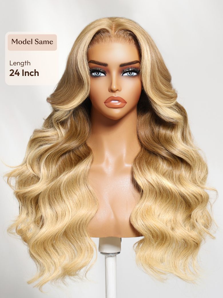 13x4 Pre-Everything? Lace Frontal Golden Blond Loose Body Wave Face Framing Layers Drawstring Wig