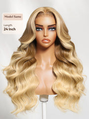 13x4 Pre-Everything? Lace Frontal Golden Blond Loose Body Wave Face Framing Layers Drawstring Wig