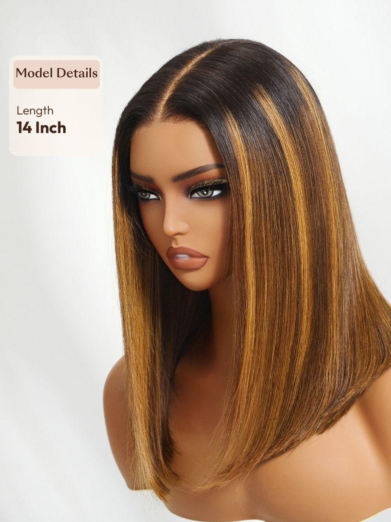 Bye-Bye Knots 7x5 Lace Brown With Blonde Piano Highlights Blunt Bob Wig with Dark Roots