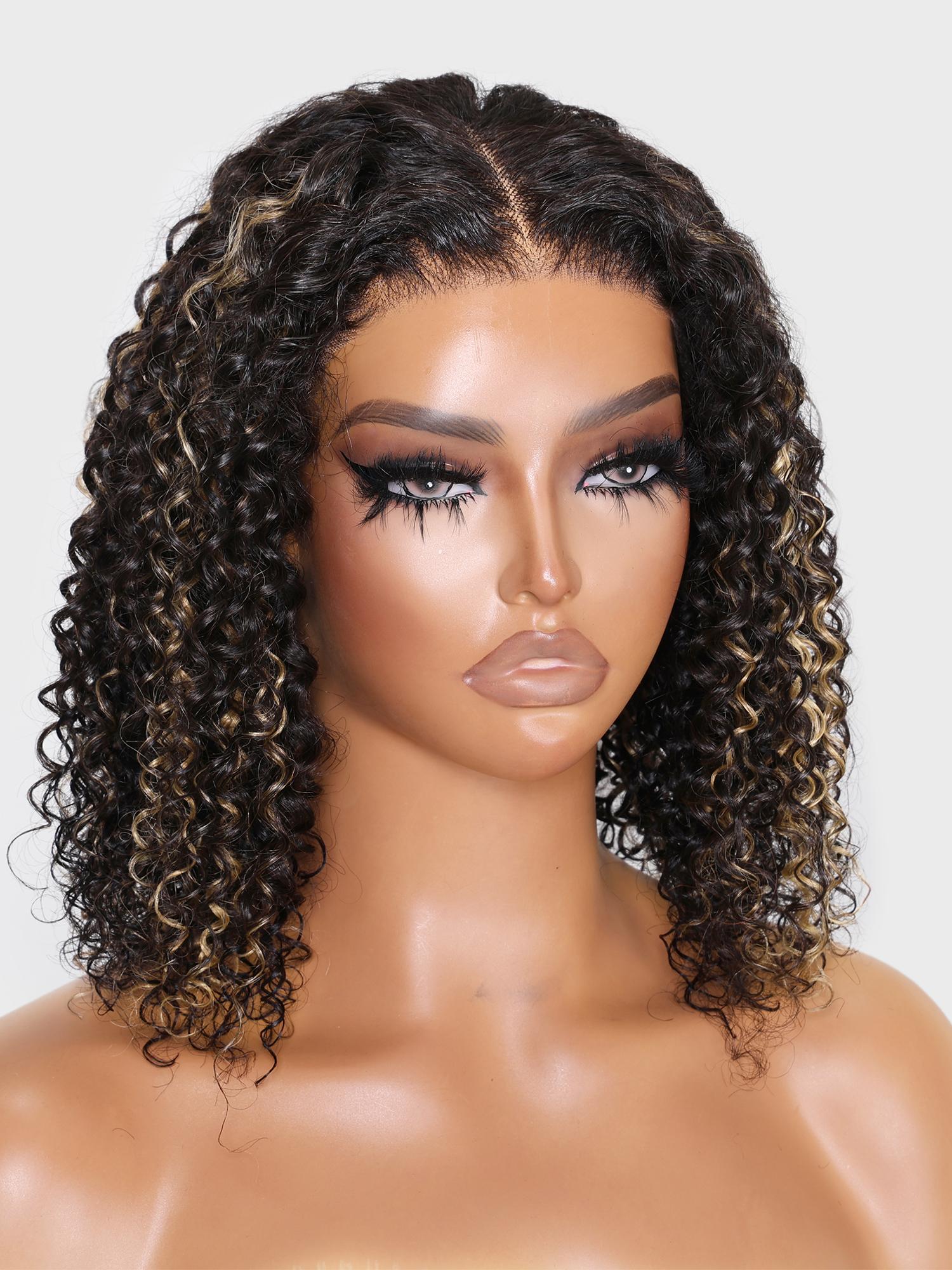Put On And Go 6x4.5 Pre-Cut Lace Black With Blonde Highlights Bouncy Jerry Curly Air Wig