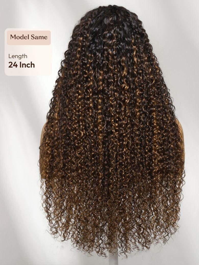 13x4 Bye Bye Slip? Lace Frontal Brown with Caramel Highlights Jerry Curly Glueless Wig with Invisi Drawstring