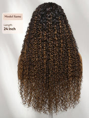 13x4 Bye Bye Slip? Lace Frontal Brown with Caramel Highlights Jerry Curly Glueless Wig with Invisi Drawstring