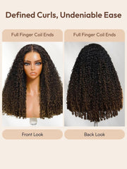 Glueless Curly Wig With Defined Finger Coil Ends Black to Chestnut Brown Ombre Bye-Bye Knots? 7x5 Lace Drawstring Wig