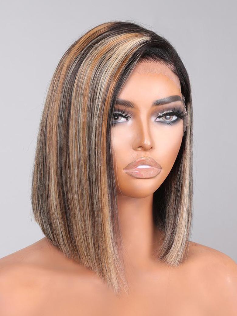13x4 Lace Front Straight Bob Wig With Brownish Highlights