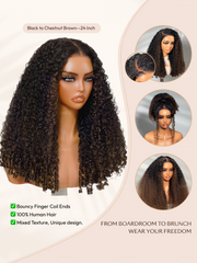 Glueless Curly Wig With Defined Finger Coil Ends Black to Chestnut Brown Ombre Bye-Bye Knots? 7x5 Lace Drawstring Wig