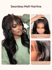 Seamless melt hairline loose wave lace front wig with bangs, demonstrating a flawless blend with the skin.