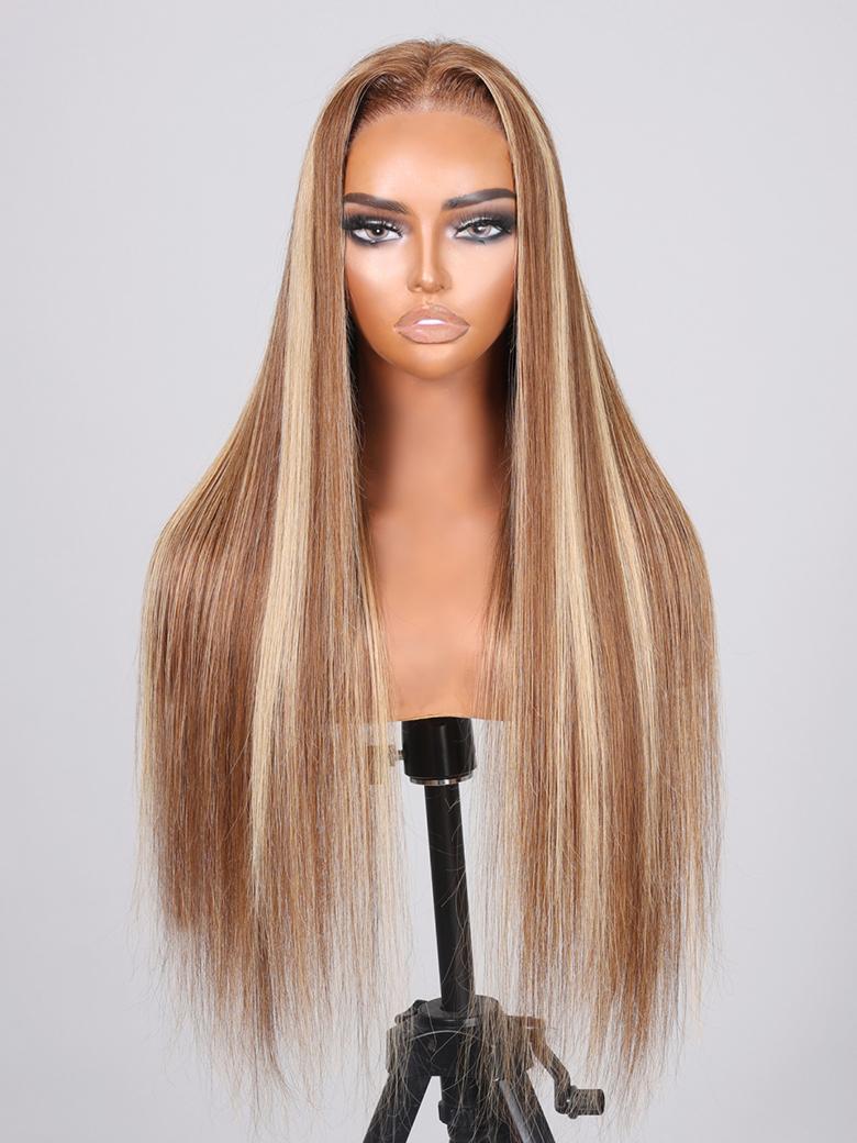 [24"=$159] Put On And Go 6x4.5 Pre Cut Lace with Baby Hair Honey Blonde Highlights Straight Hair Air Wig