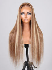 [24"=$159] Put On And Go 6x4.5 Pre Cut Lace with Baby Hair Honey Blonde Highlights Straight Hair Air Wig